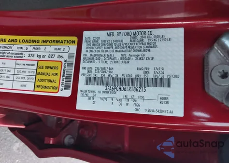 2020 Ford Fusion Se z USA, uszkodzony, nr VIN 3FA6P0HD6LR186215